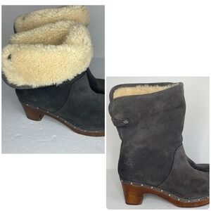 UGG Lynnea Studded Clog Suede Black Boots Womens 9 Gray Shearling Fold Over Wood